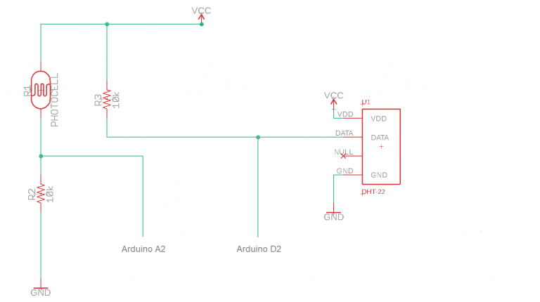Figure 6 A simple sensor circuit featuring a DHT22 temperature/humidity sensor and a light dependent resistor