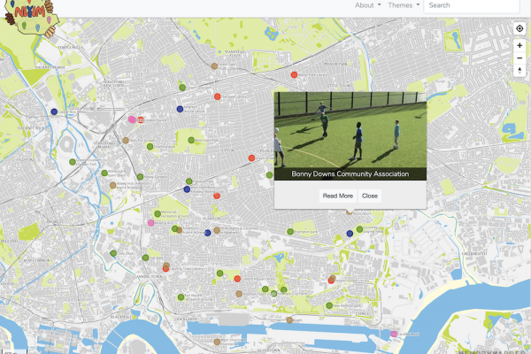Screenshot showing a map of Newham with coloured pins showing youth services and a window open on Bonny Downs Community Association